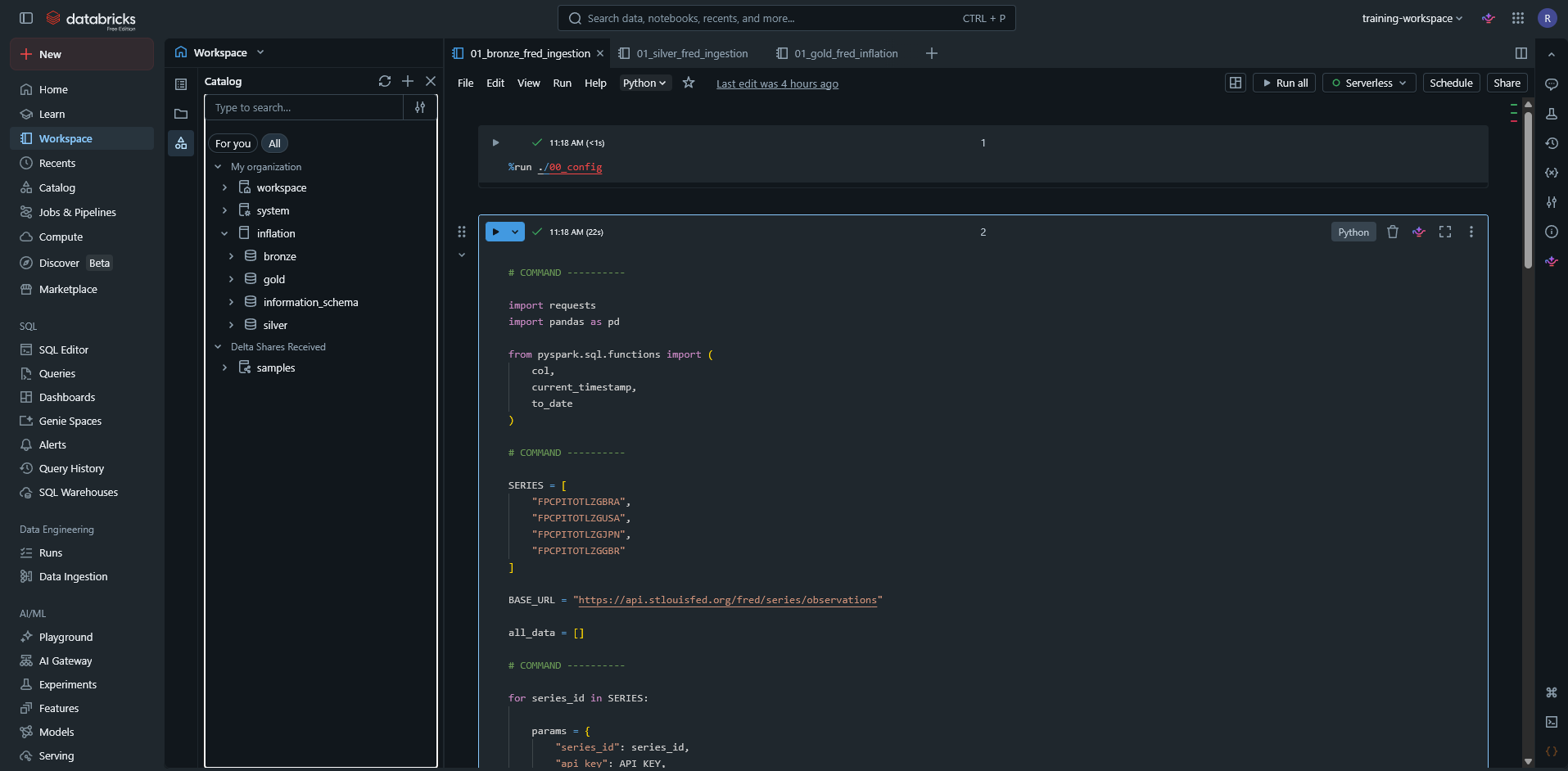 Databricks Community Edition — inflation pipeline workspace